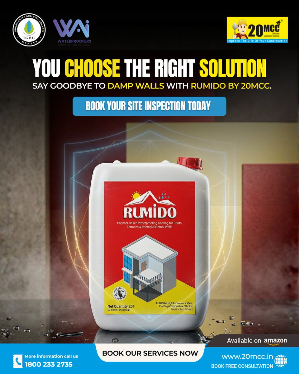 20MCC_Chemicals's tweet image. It starts with a small patch… and before you know it, dampness takes over your walls.

Don’t ignore the signs — take the right step at the right time.
With Rumido by 20MCC, get strong, long-lasting protection. 

#20mcc #Waterproofing #RoofWaterproofing #WaterproofingSolutions