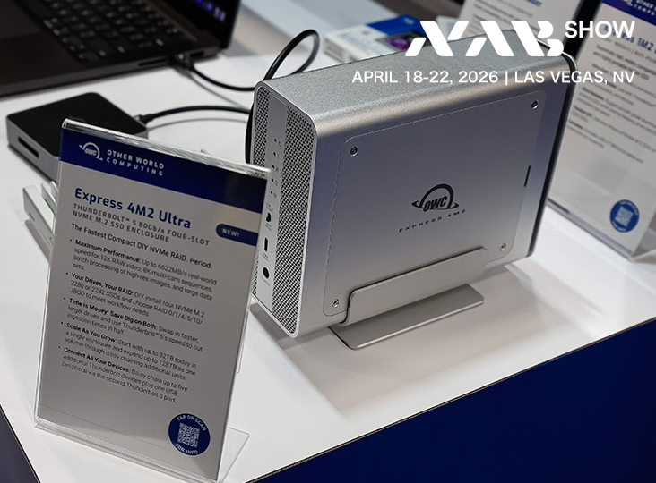 RockoNCompany's tweet photo. NAB2026 OWCブース。新製品である「Express 4M2 Ultra」は個人的に最も注目しています。Thunderbolt 5に対応したストレージケースで、NVMe M.2 SSDを4枚マウントすることができます。8TBのm.2 SSDを4枚収納することにより最大32TB、デイジーチェーン接続で最大128TBまで拡張することが可能です。 #nab2026

https://t.co/JRySGLDTra