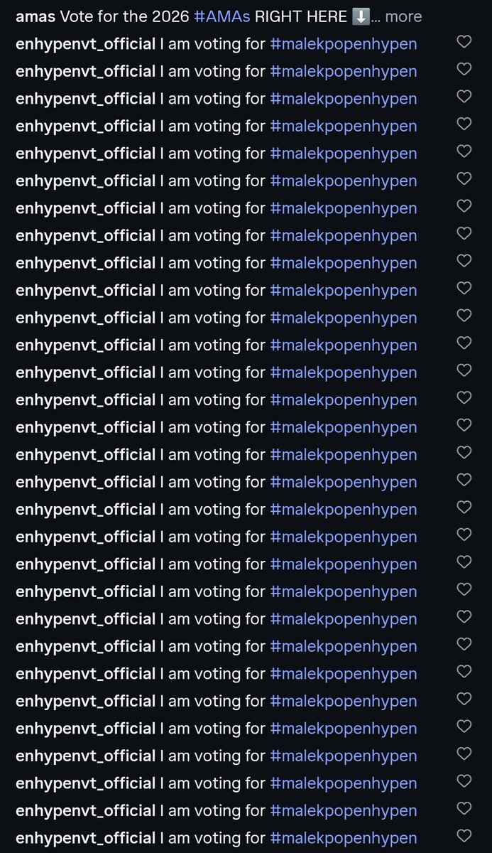 ENHYPENVT's tweet photo. [🏆] 2026 AMAs

Make sure to vote before the reset.

🗳 WEBSITE
ㅡ https://t.co/8uUa7Fszlu
ㅡ Use your Gmail/Facebook acc
ㅡ You can vote 30x per account

🗳 INSTAGRAM
ㅡ https://t.co/bTwKYIeowC
ㅡ Comment 30x using the tag #malekpopenhypen 
ㅡ Make sure your account is public https://t.co/8OPx1Vs3eS