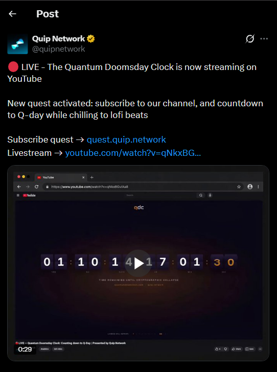 0xndra's tweet photo. Good morning to those noticing that how a message is delivered often matters more than how urgent it is.

Quantum threat is being delivered differently

What @quipnetwork is doing with the Doomsday Clock doesn’t rely on alarms, but runs 24/7 with lofi beats playing continuously in the background

It feels calm

Not FUD
Not panic-driven
The countdown is still there, the threat remains real, but the delivery is gradual, something you can play while working or even sleeping without fatigue

This approach is rarely used

Doomsday clocks are usually designed to trigger fear or quick engagement, here it becomes ambient, something that sticks daily

Awareness is built through small habits, not pressure

In the current environment, this stands out

People are becoming numb to quantum news, aggressive messaging gets ignored easily

This enters slowly

Not creating shock
But building familiarity

And that’s where the strength starts to show