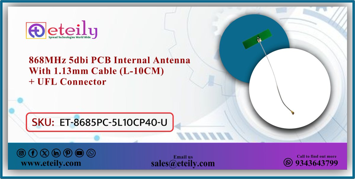 eteilyindia's tweet image. Internal LoRa Antenna Solution 📡

✅868MHz 5dbi PCB Internal Antenna With 1.13mm Cable (L-10CM) + UFL Connector
✅ET-8685PC-5L10CP40-U

#868MHz #PCBAntenna #LoRa #IoT #UFL #WirelessTech