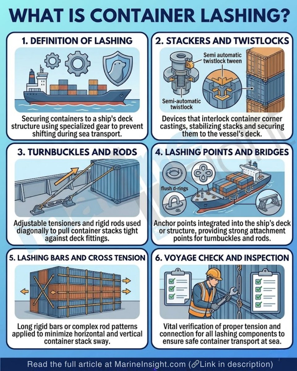 MarineInsight's tweet image. 🛳️Meet the vital art of Container Lashing!

📚Read full article here 👉  marineinsight.com/watch-what-is-…

#ContainerLashing #MaritimeLogistics #ShippingIndustry #ShipLife #MarineInsight #LashingEquipment #SafeTransport #MarineEngineer #VoyageSafety #CargoHandling #SupplyChain