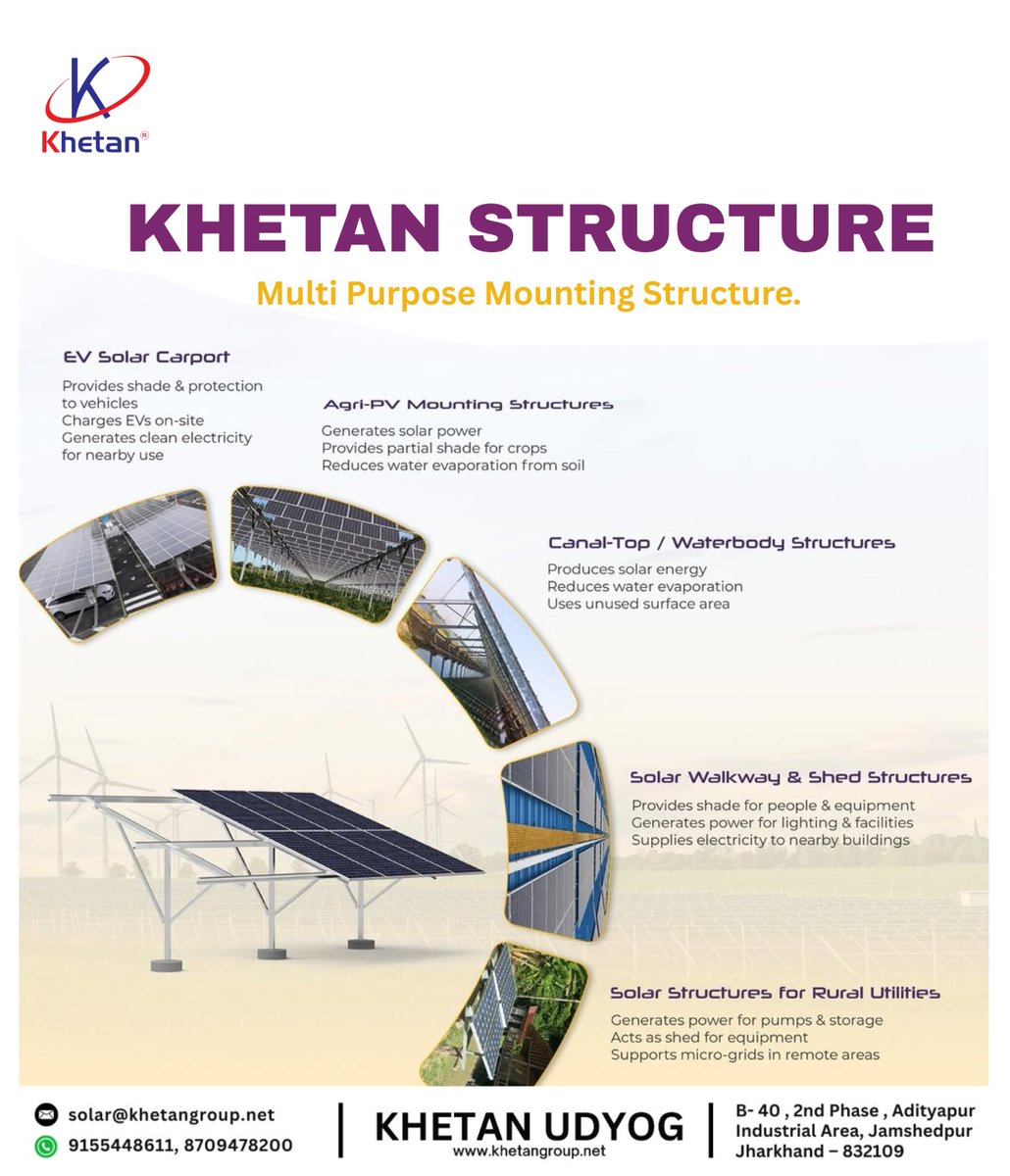 prakritiSolar's tweet photo. Build Strong. Build Smart. Build Solar. ☀️🏗️

Khetan Structure – Multi Purpose Mounting Structure designed for multiple applications including EV Solar Carport, Agri-PV, Canal-Top, Walkway &amp; Rural Utility Structures.
.
.
.
.
#KhetanUdyog #KhetanStructure #SolarStructure https://t.co/CCvGNhTlvq