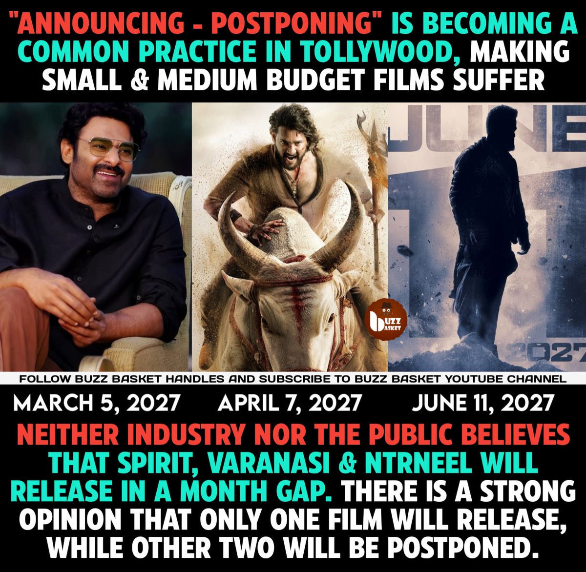 theBuzZBasket's tweet image. Announcing - Postponing is becoming a common practice in #Tollywood

#Spirit #Varanasi #NTRNeel #Prabhas #MaheshBabu #NTR