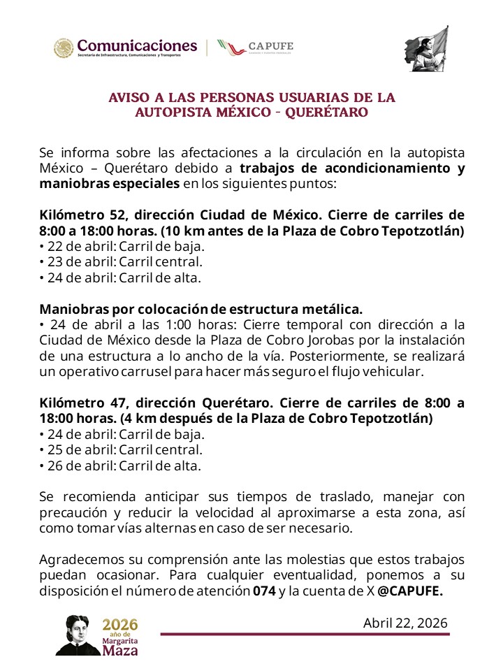 🚧 #AVISO a las personas usuarias de la autopista #MéxicoQuerétaro 🚧
Se informa que habrá afectaciones a la circulación debido a trabajos de acondicionamiento y maniobras especiales.
Los trabajos programados para la madrugada del 23 de abril se reprograman para la madrugada del