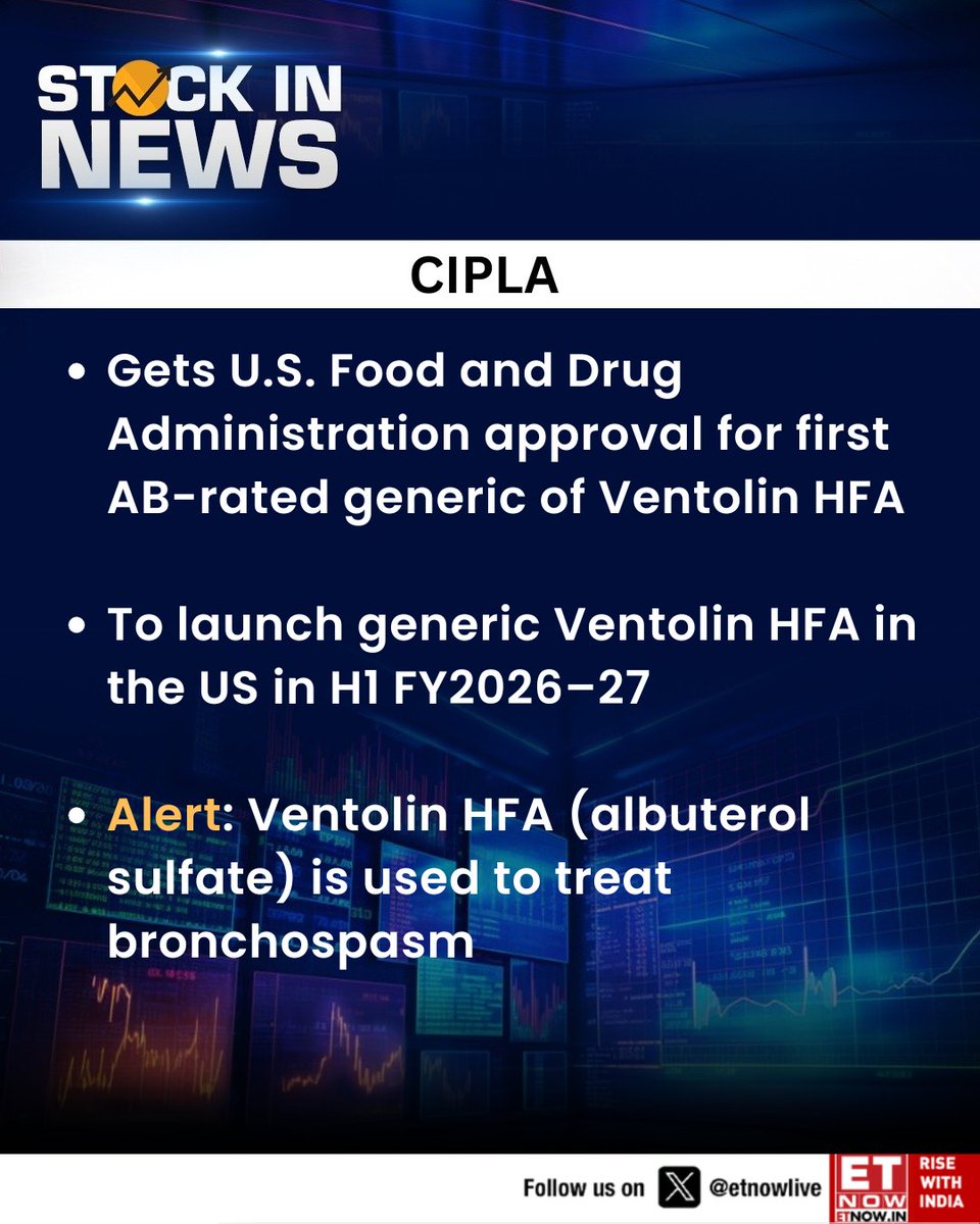ETNOWlive's tweet image. #StockInNews | Cipla gets U.S. Food and Drug Administration approval for first AB-rated generic of Ventolin HFA  

#StockMarket #CIPLA