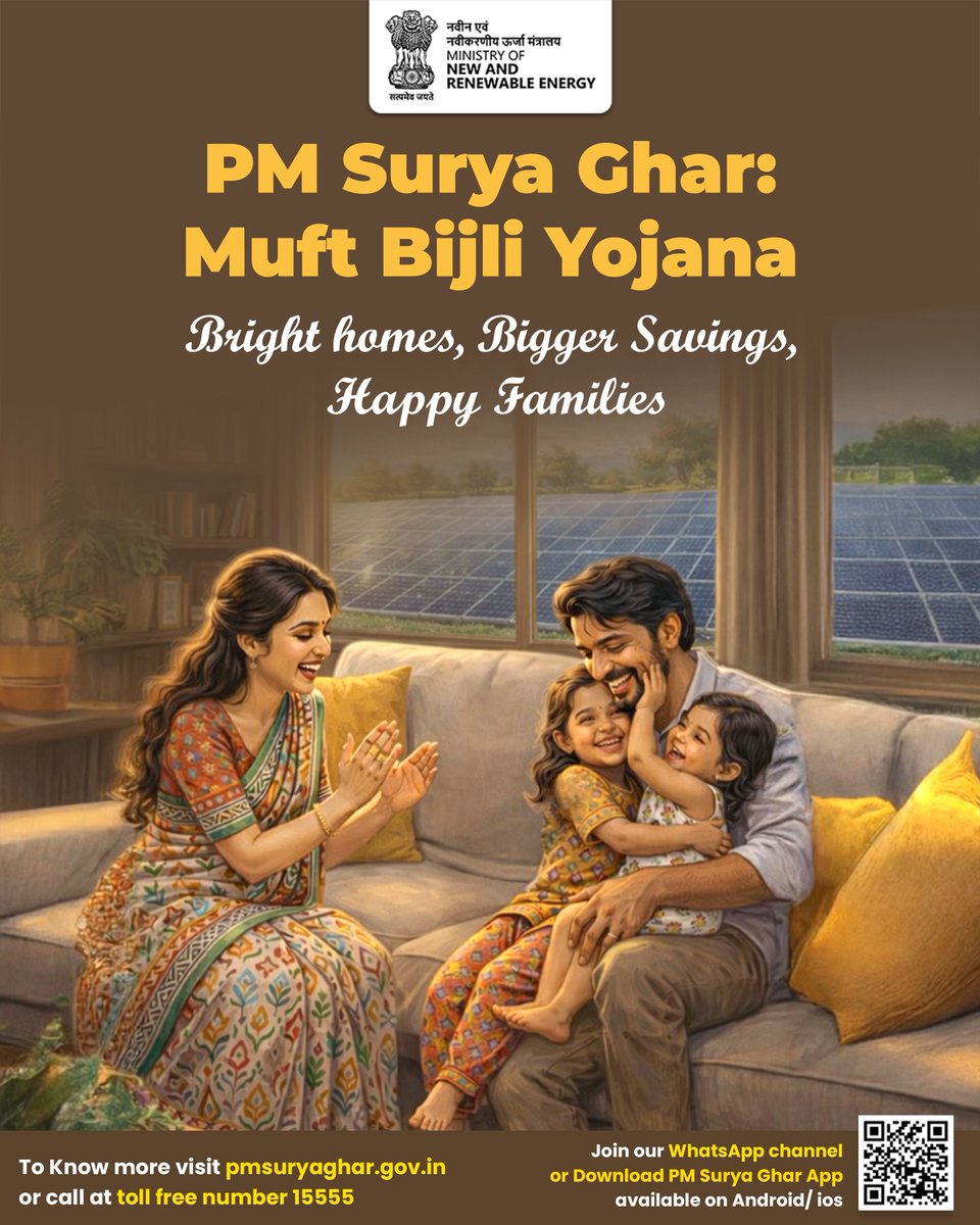 PMSuryaGhar's tweet image. When you install solar panels under PM Surya Ghar: Muft Bijli Yojana. It brings great savings on your electricity bills, brighter homes, &amp;amp; a healthier environment through #CleanEnergy generation. 
Visit pmsuryaghar.gov.in or call 15555
#PMSuryaghar 
@mnreindia @JoshiPralhad