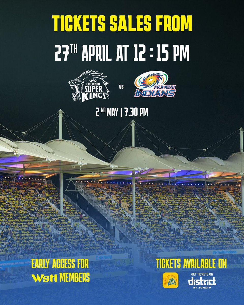 CricketTickets2's tweet photo. 🚨 CSK vs MI (Chennai) Tickets Will be live on 27th April at 12:15PM on District App.

#cskvsmitickets #csktickets #Dhoni https://t.co/skVB1tNinT