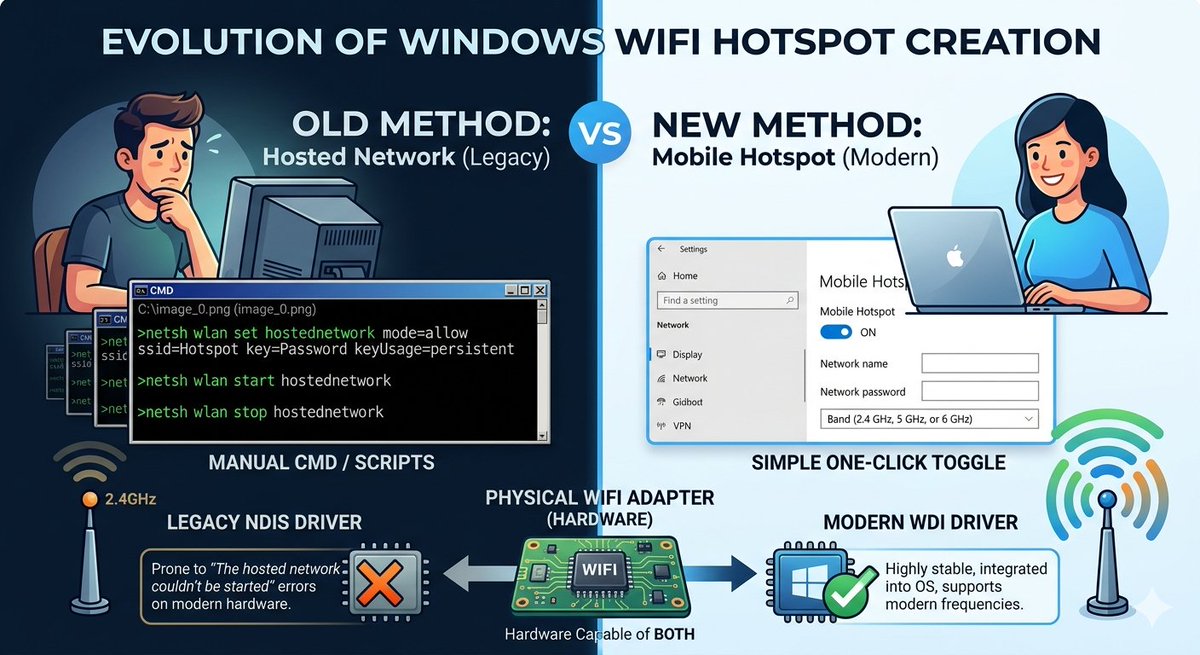 SixxisD1344's tweet image. remember when... this was needed to make your #WiFi Adapter into a #Hotspot/#Gateway? .. now its just a matter of a few clicks.

netsh wlan set hostednetwork mode=allow ssid=Hotspot key=Password keyUsage=persistent

netsh wlan start hostednetwork

netsh wlan stop hostednetwork