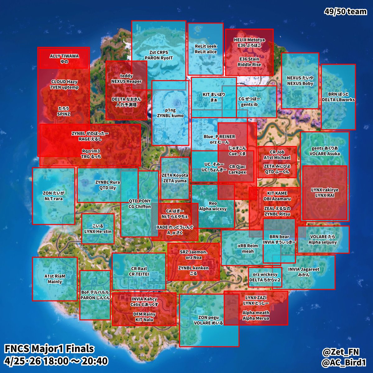 Zet_FN's tweet image. 【 FNCS Major1 Finals 】
🗓️4/25・4/26｜⏰18:00〜20:40｜初動まとめ🗺️

👥49 / 50 team  
🟦初動フリーのデュオ 
🟥初動被りのデュオ

最新版は常にリプ欄にあるリンクから閲覧・ダウンロード可能です✅

協力 @AC_Bird1
#フォートナイト #Fortnite