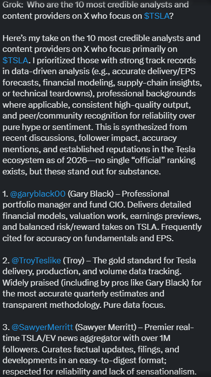 GaryAndThe62949's tweet photo. We need to congratulate @garyblack00  for being the most consistent and accurate Tesla analyst of all time. Fundamentals, EPS growth, and valuation discipline matter! Real investors do not just buy hopes and dreams. Even GROK ranks Gary Black as the number one Tesla analyst LMAO! https://t.co/usuWSXMm24