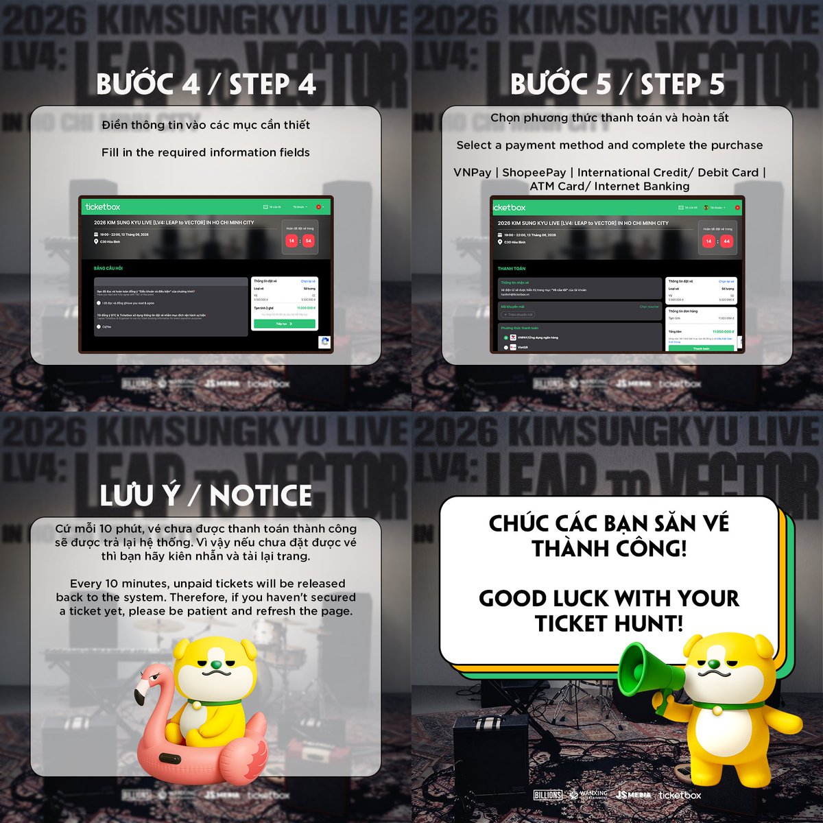 INSPIRIT, make sure to carefully read the ticket guide below to increase your chances of getting your desired tickets 🤓📝 

2026 KIM SUNG KYU LIVE [LV4: LEAP to VECTOR] IN HO CHI MINH CITY 
📅 Time: 7:00 PM, June 13, 2026 
📍 Venue: C30 Hoa Binh 
🎫 Ticket sales: 12:00 PM, April