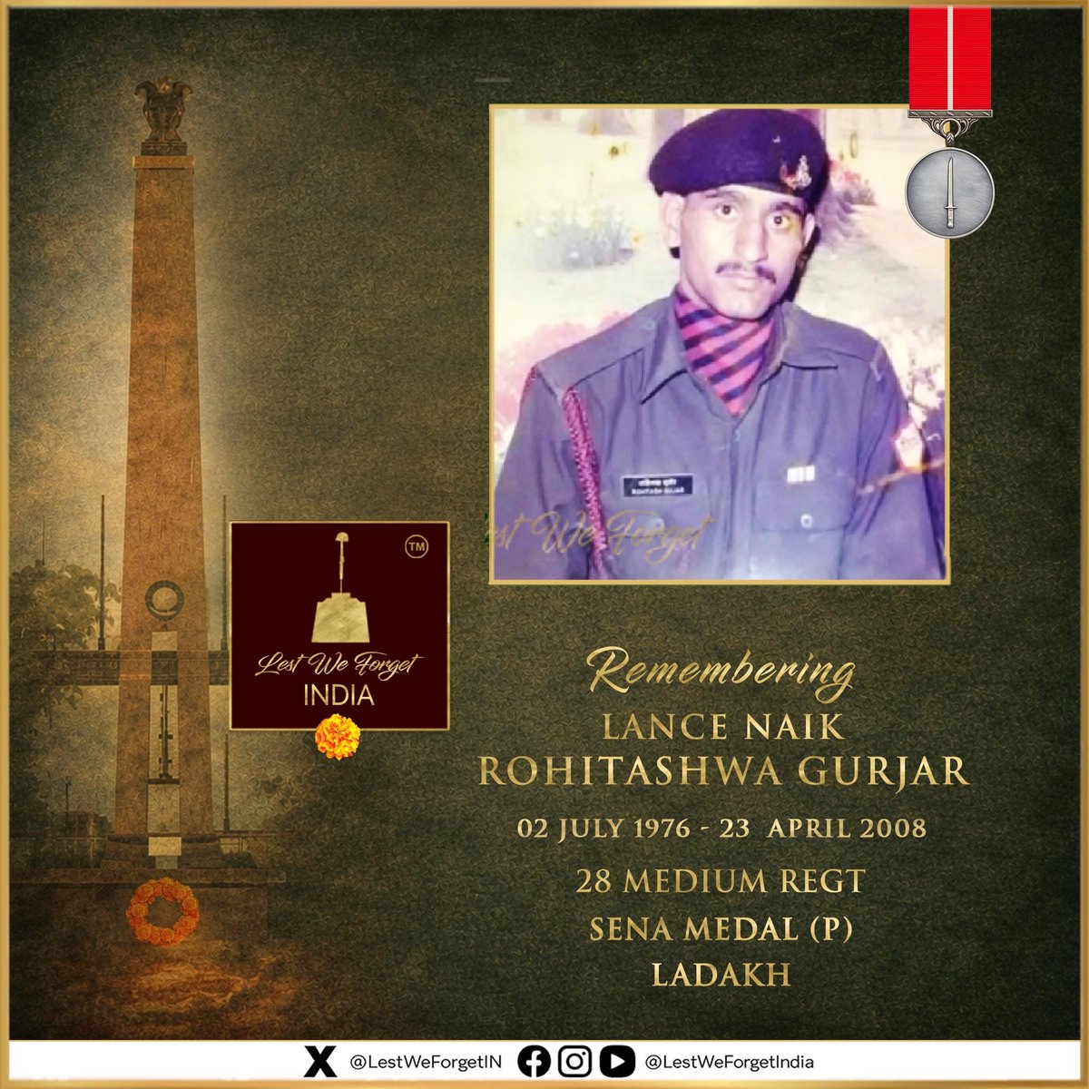 LestWeForgetIN's tweet image. #LestWeForgetIndia🇮🇳 Lance Naik Rohitashwa Gurjar, #SenaMedal (P), 288 MED REGT lost his life in the line of duty in Budhkarbu near Kargil, Ladakh, #OnThisDay 23 April in 2008

Remember the #IndianBrave - his service and supreme sacrifice for the Nation🏵️
