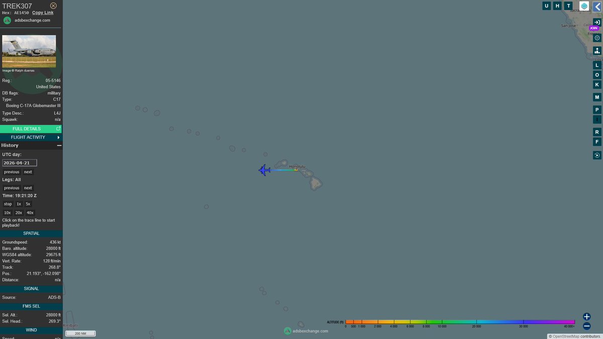 AIYeyENGDdJkjTr's tweet image. Apr. 23, 2026
#Joint Base Pearl Harbor-Hickam, Honolulu #Guam Andersen Air Force Base ==&amp;gt; #Okinawa Kadena Air Base 

#TREK307 #AE1450 USAF C-17A Globemaster III