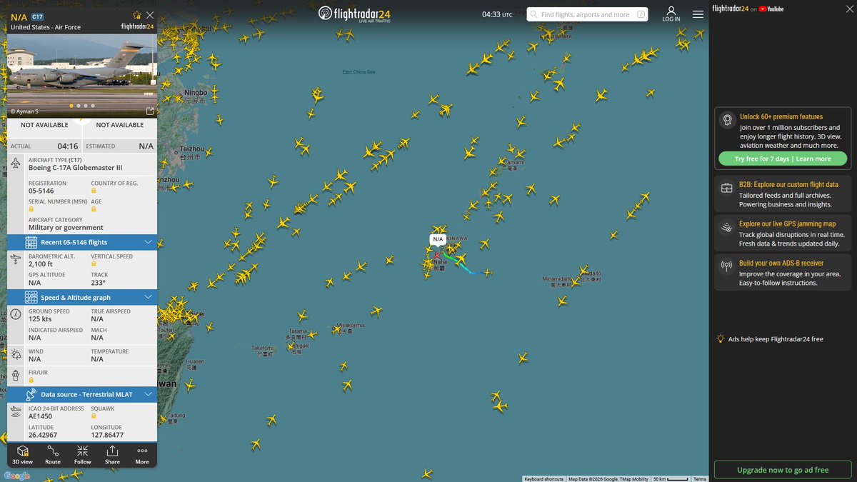 AIYeyENGDdJkjTr's tweet image. Apr. 23, 2026
#Joint Base Pearl Harbor-Hickam, Honolulu #Guam Andersen Air Force Base ==&amp;gt; #Okinawa Kadena Air Base 

#TREK307 #AE1450 USAF C-17A Globemaster III