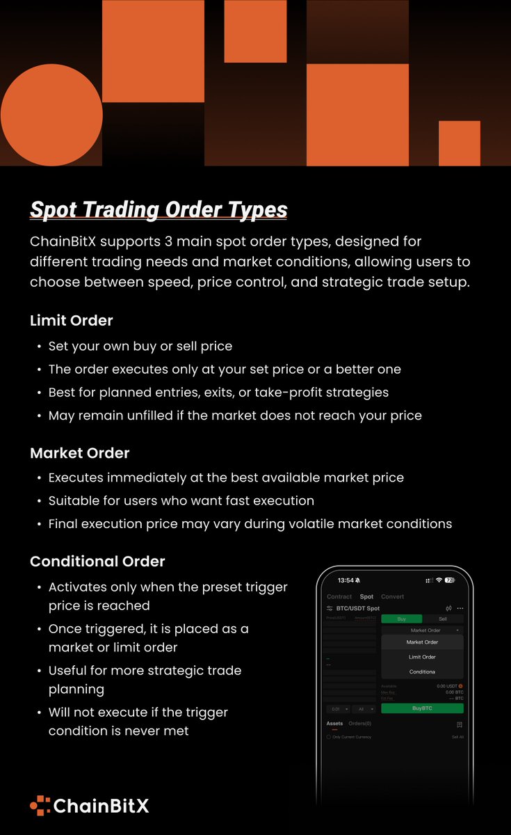ChainBitX's tweet photo. In every market, choice is the true instrument of control.

Whether one seeks swiftness, precision, or patience, 
spot order types shape the difference between reacting to price and commanding the moment.

#CryptoSpotOrder #SpotOrderTypes #ChainBitX https://t.co/aDSx3Wya51