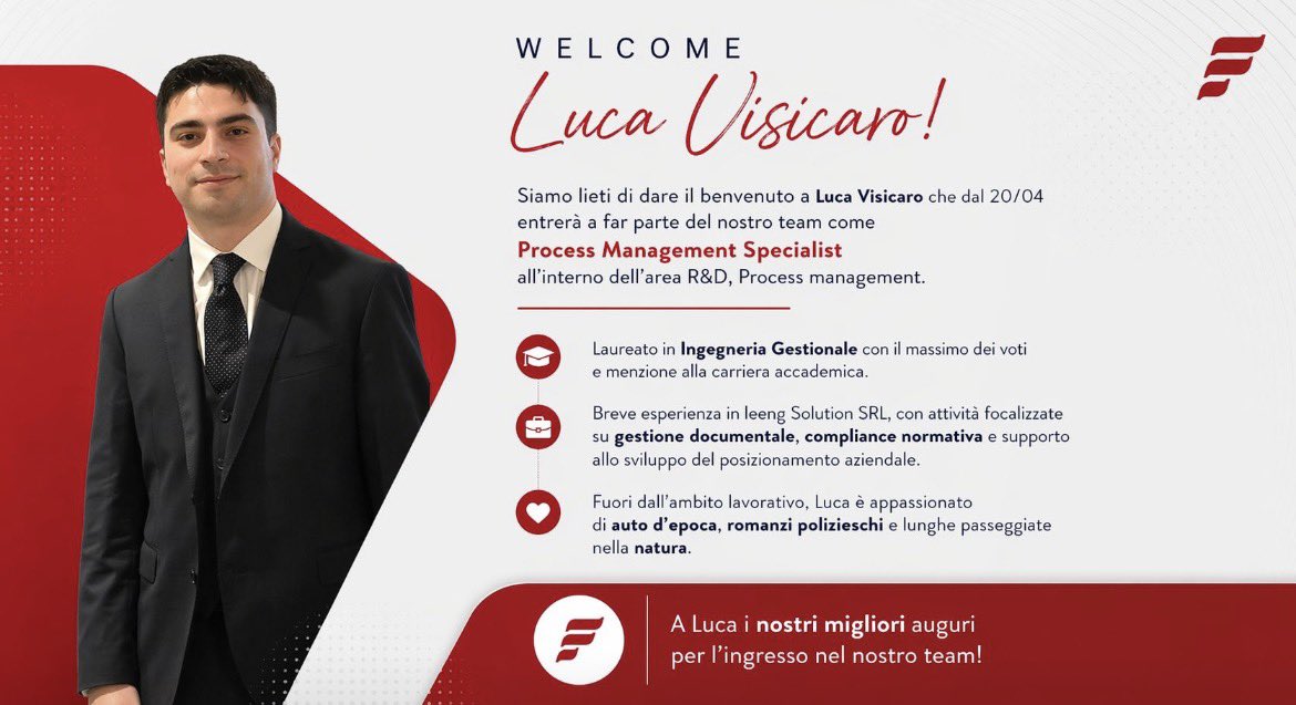 Gruppo_Fire's tweet photo. Luca Visicaro entra nel Gruppo Fire, dove ricoprirà il ruolo di Process Management Specialist all’interno del team R&amp;D – Process Management. Benvenuto! https://t.co/qDL9zc5rTo