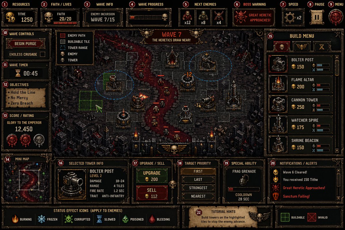 enzidore's tweet image. Built a 32-bit Warhammer-style Tower Defense UI ⚔️🩸

Grimdark pixel art. Gothic interface. Fully modular game layout.

From layout → pixel constraints → atmosphere design.

Now turning it into a playable cinematic 👇

 #pixelart #Warhammer #TowerDefense