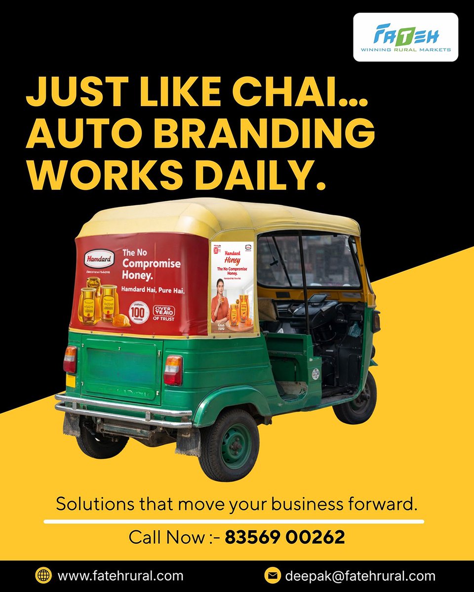 FatehRural63434's tweet image. Why stay static when your brand can move?

Auto Branding by Fateh Rural Limited ensures your business reaches thousands daily — on roads, in markets, and at every signal stop.

#AutoBrandingIndia #BrandPromotion #OutdoorMedia #TransitAdvertising #BusinessGrowth #FatehRuralltd
