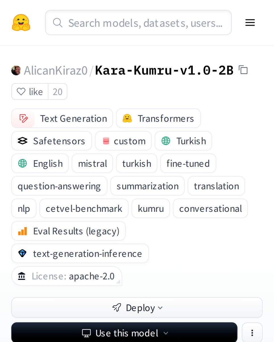 HuggingModels's tweet photo. Meet Kara-Kumru-v1.0-2B. A specialized Mistral-based model fine-tuned for Turkish language tasks. It's a compact powerhouse for Turkish NLP, making advanced text generation accessible to more developers. Exciting for the local AI community. https://t.co/JM61obE7xH