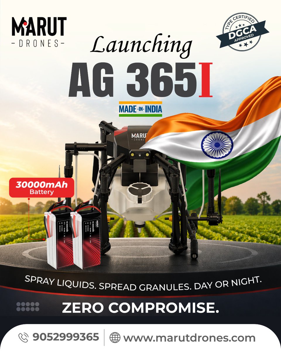 Marutdrones1's tweet image. AG 365I : India's First DGCA-Certified, #MadeinIndia Agri Drone, has received its DGCA Type Certificate. Our mediumclass hexacopter is now fully certified for commercial agri operations in India.
✅ 10L Spray Tank 
✅ 9 Kg Granule Spreader
✅ 30,000 mAH Battery