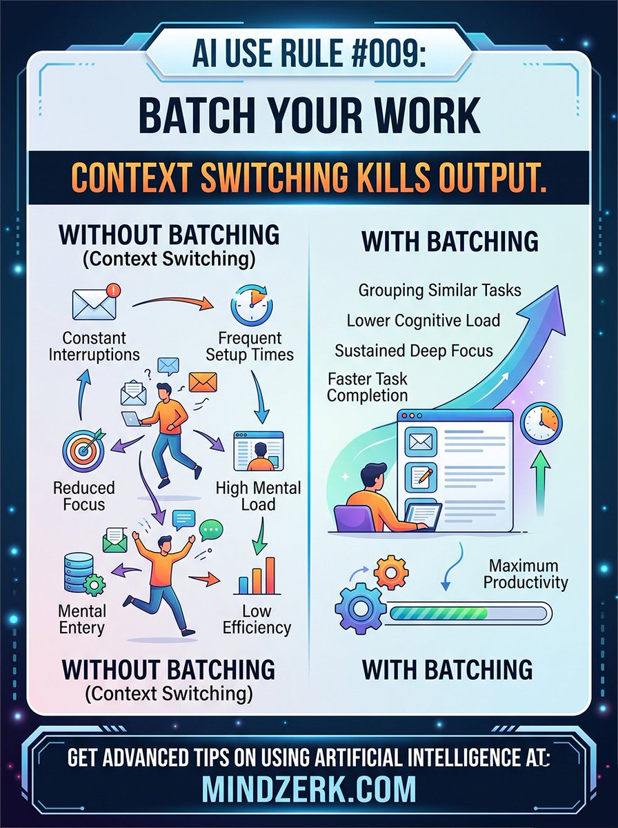 mindzerk's tweet image. Switching tasks kills momentum.

Start. Stop. Reset. Repeat.

It adds up fast.

Batch your work.
Do similar tasks together and move faster with less friction.
oracle.mindzerk.com/batch-your-wor…

#Productivity #TimeManagement #DeepWork #Mindzerk #PromptVillain