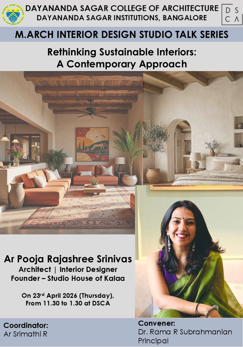 DSCA81051717's tweet image. We were honoured to host Ar. Pooja Rajashree Srinivas for an insightful session as part of our Design Studio Mentor Lecture Series.   
#ArchitectureLecture 
#ContemporaryApproachTowardsSustainableInteriors
 #DesignStudio 
#ArchitectureEducation
 #DSCA