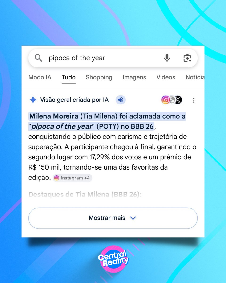 POTY! Ao digitar “pipoca of the year” no Google, aparece uma mensagem sobre Milena Moreira Lages, a eterna Tia Milena do BBB26.