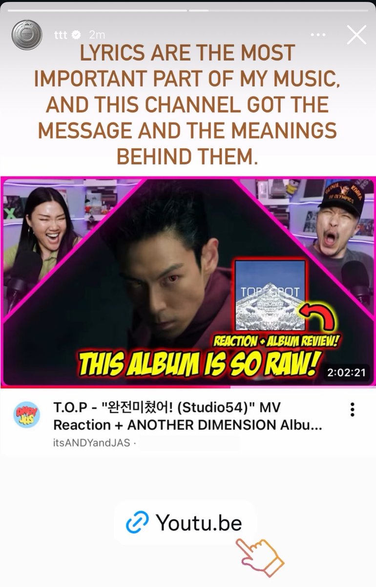 T.O.P about his Album’s lyrics:

🔝: “Lyrics are the most importantly part of my music, and this channel got the message and the meanings behind them.”

🔗: youtu.be/m1Nia8JSaVA?is…

#TOP #TTTOP #최승현 #탑 #AnotherDimension