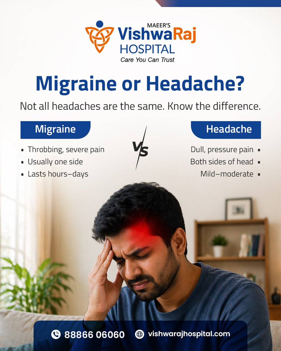 VishwaRajH1846's tweet image. Migraine or headache? Know the difference—throbbing vs dull pain matters. Seek the right care today. #Migraine #Headache #HealthTips #VishwarajHospital