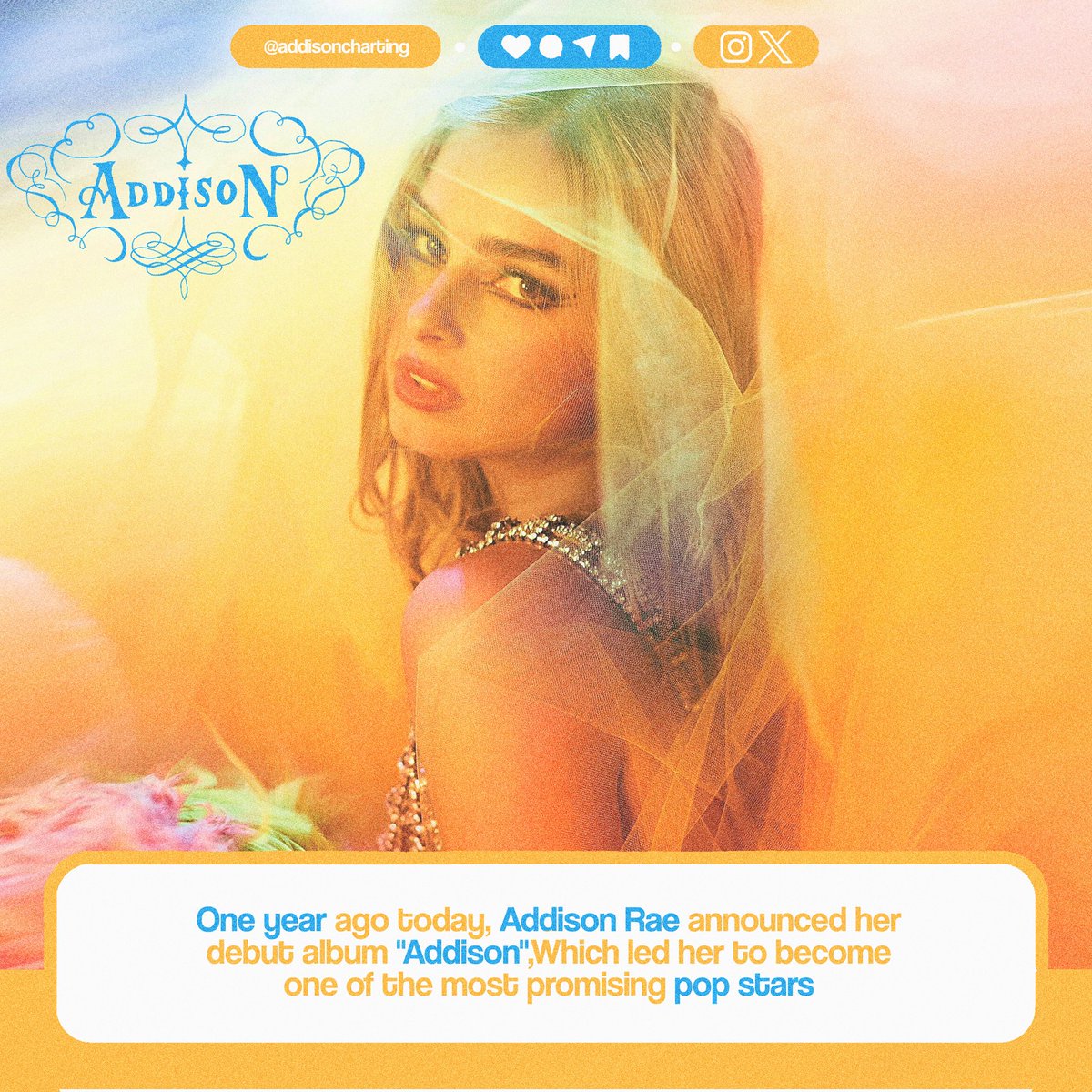 Addisoncharting's tweet photo. One year ago today, The Popstar Addison Rae announced her debut album "Addison" https://t.co/YiGb36ztpM