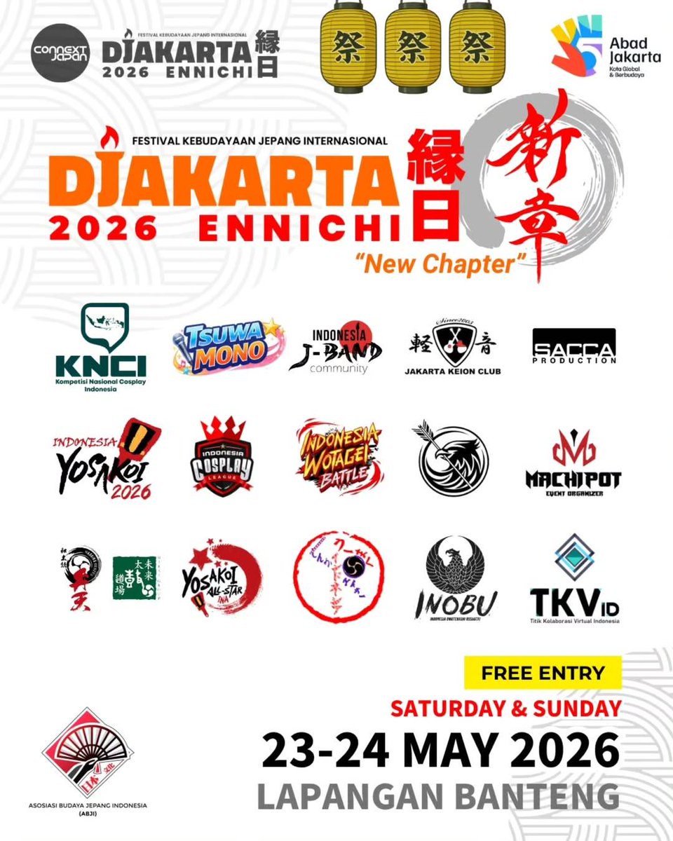 tkv_id's tweet photo. Wah kenapa ada logo TKV ID disana?
Sudah siap dengan konten yang akan dibawakan?

Bersama dengan teman-teman dari Connext Japan dan Asosiasi Budaya Jepang Indonesia, kami akan berpartisipasi membuat weekend kalian lebih menyenangkan!

Nikmati  vibes matsuri di taman publik seperti di Jepang, dengan nuansa berbeda  dan aktivitas kebudayaan seru! Kolaborasi antara kebudayaan tradisional  Jepang, J-Pop Culture, dan budaya Jakarta.

📅 23–24 Mei 2026
📍 Lapangan Banteng
🎟️ FREE ENTRY

Datang dan jadi bagian dari keseruan Connext Japan Djakarta Ennichi 2026!

#ConnextJapan #ConnextJapanDjakartaEnnichi2026 #DjakartaEnnichi #FestivalBudayaJepangJakarta