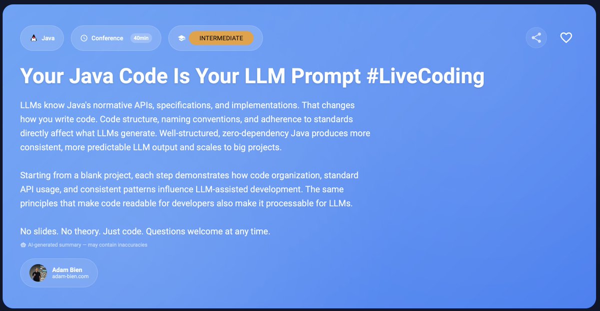AdamBien's tweet image. "Your Java Code Is Your LLM Prompt #LiveCoding" Prepare your questions and see you very soon at Devoxx Greece #java #rocks👇
