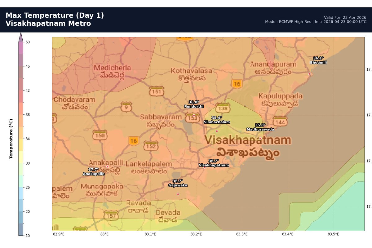 praneethweather's tweet image. Heat zone in Rayalaseema today too, no respite likely anywhere except heat today:
Many places across Rayalaseema are recording 41-42 C and its very likely to increase upto 43 C today due to dry winds blowing along the land from South Coastal AP.  Especially #Kadapa city and