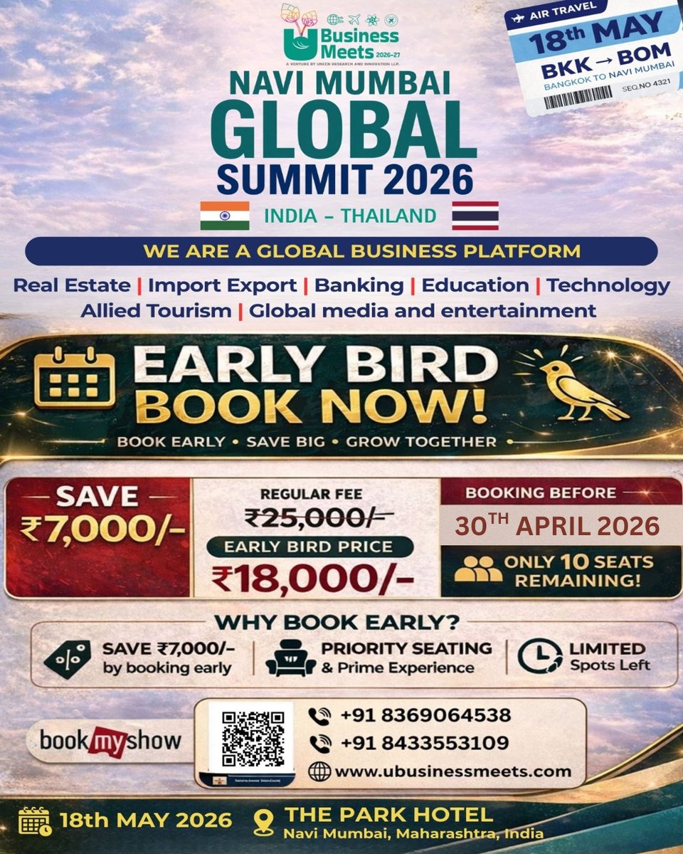 Enjoycoworking7's tweet image. 🚀 Navi Mumbai Global Summit 2026 – India 🇮🇳 x Thailand 🇹🇭

One of India’s most awaited global business events is here!

💼 Connect with leaders, investors &amp;amp; entrepreneurs

#UbusinessMeets #GlobalSummit #BusinessNetworking #IndiaThailand #3rdMumbai