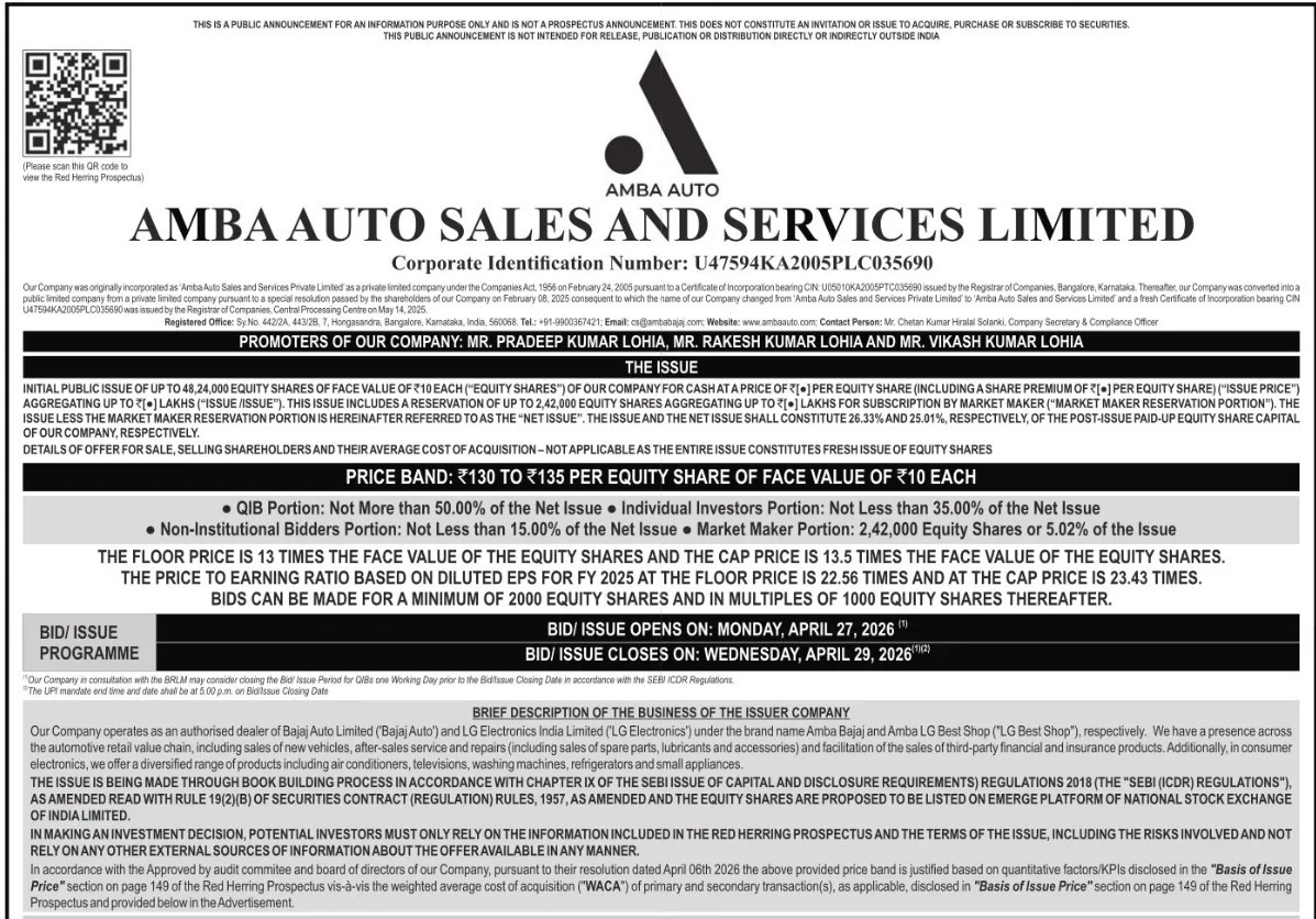 Amba Auto Sales and Services Ltd is launching an SME IPO (Apr 27–29 ...