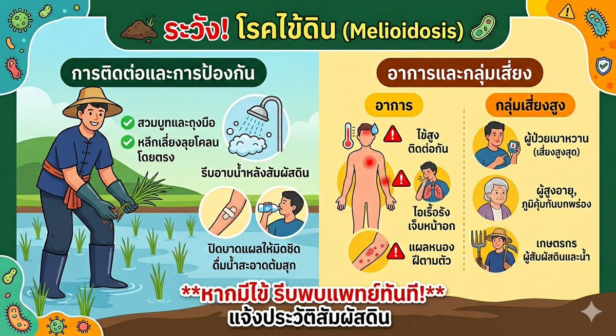 ระวัง! "โรคไข้ดิน" (Melioidosis) ภัยเงียบช่วงหน้าฝน 🌧️

เชื้อแบคทีเรียจากดินและน้ำที่เข้าสู่ร่างกายผ่านบาดแผล, การกิน หรือหายใจ

​✅ อาการ : ไข้สูง, ไอ, แผลหนองเรื้อรัง
✅ กลุ่มเสี่ยง : เกษตรกร และผู้ป่วยเบาหวาน
✅ ป้องกัน : สวมรองเท้าบูท, เลี่ยงลุยโคลน, รีบอาบน้ำหลังสัมผัสดิน