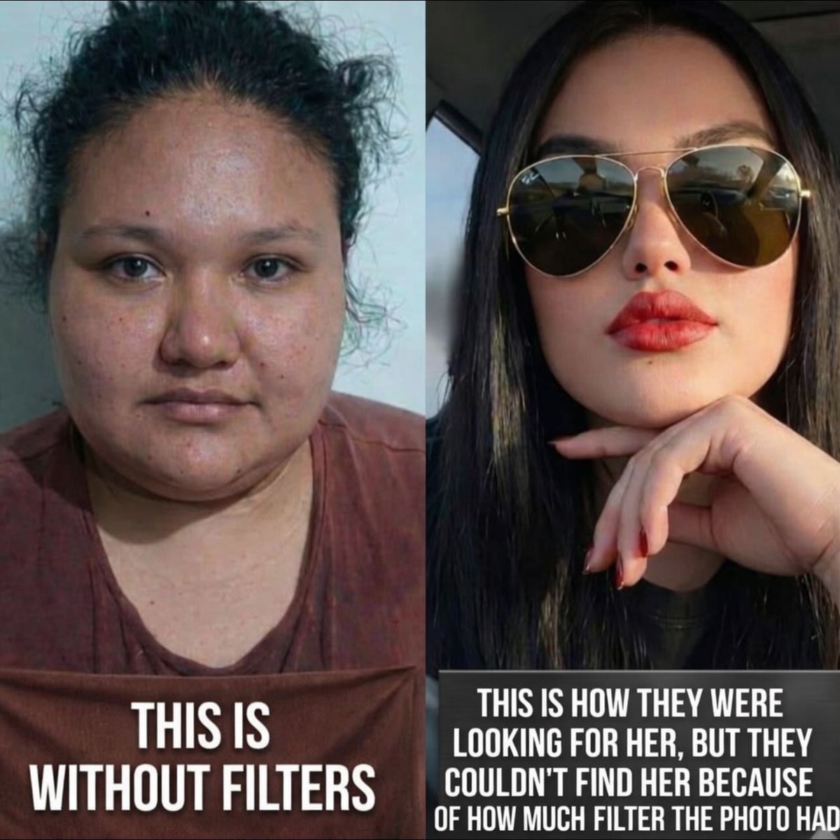 Woman goes missing in Chiapas, Mexico. The photo her family used was so filtered she was almost unrecognizable. She was found alive, but the filters nearly cost her life. This is why you don't use edited photos for missing person alerts.