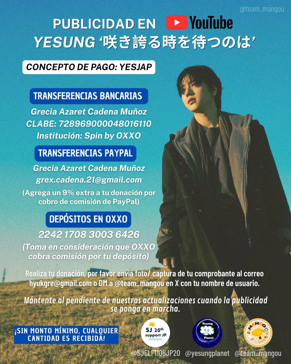 ✨PUBLICIDAD EN YT #咲き誇る時を待つのは ✨

Ayúdanos a dar más alcance y demostremos a #YESUNG nuestro apoyo al MV de su segundo álbum en japonés. ☁️

💰 No hay monto mínimo de donación.

📌 Período de donaciones:
Abril, 23 - 27 🗓️

Más info mediante DM. 📩