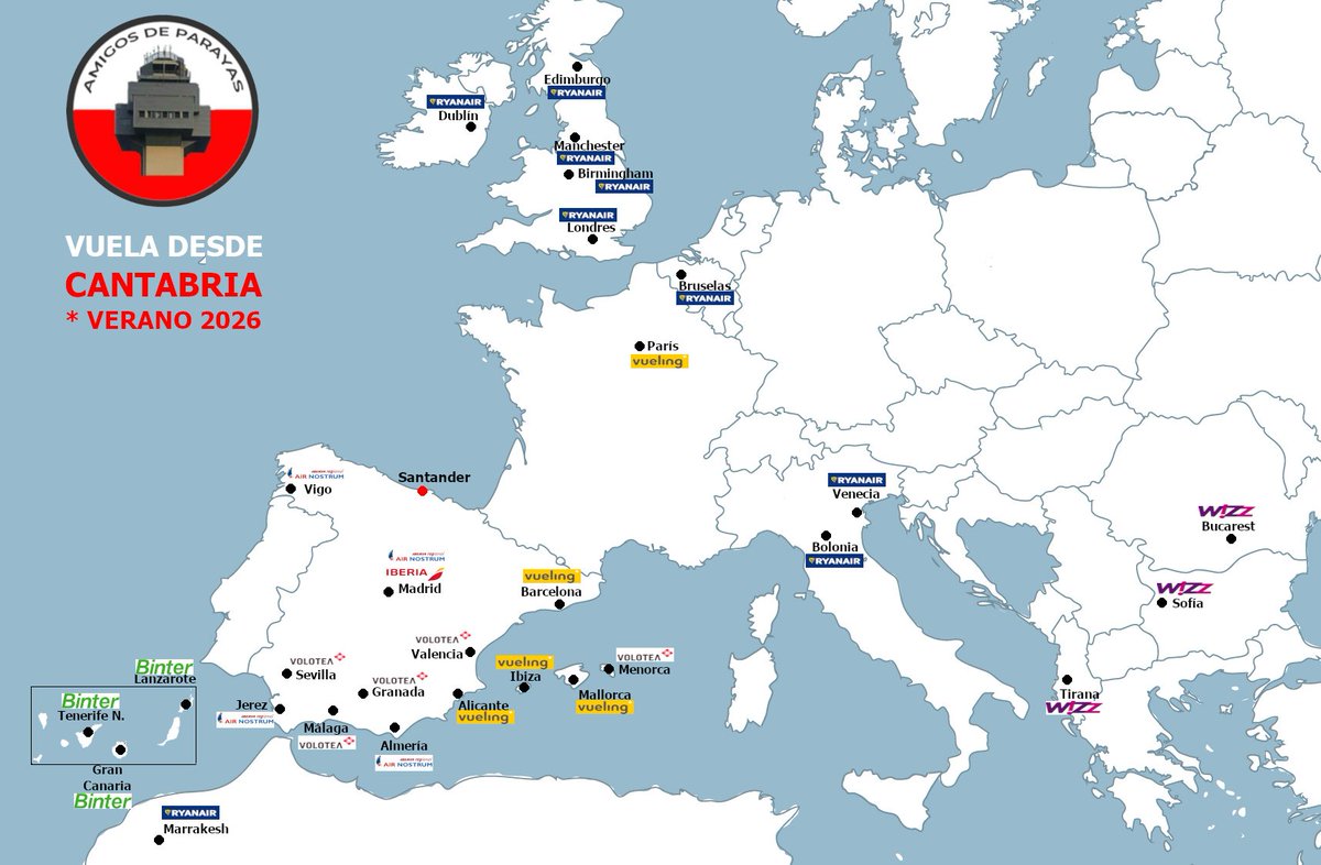 AParayas's tweet image. ✈️Buenos días a tod@s🙋‍♀️🙋‍♂️
JUEVES, 2️⃣3️⃣ de Abril
#Santander #Parayas

👉 @AirNostrumLAM 
#Madrid 🛫3🛬

👉 @vueling 
#Barcelona 🛫2🛬

👉 @Ryanair_ES 
#Marrakesh 
#Londres
#Bruselas
#Birmingham 
#Bolonia

👉 @BinterCanarias 
#GranCanaria

👉 @volotea 
#Malaga

👉 @wizzair 
#Tirana