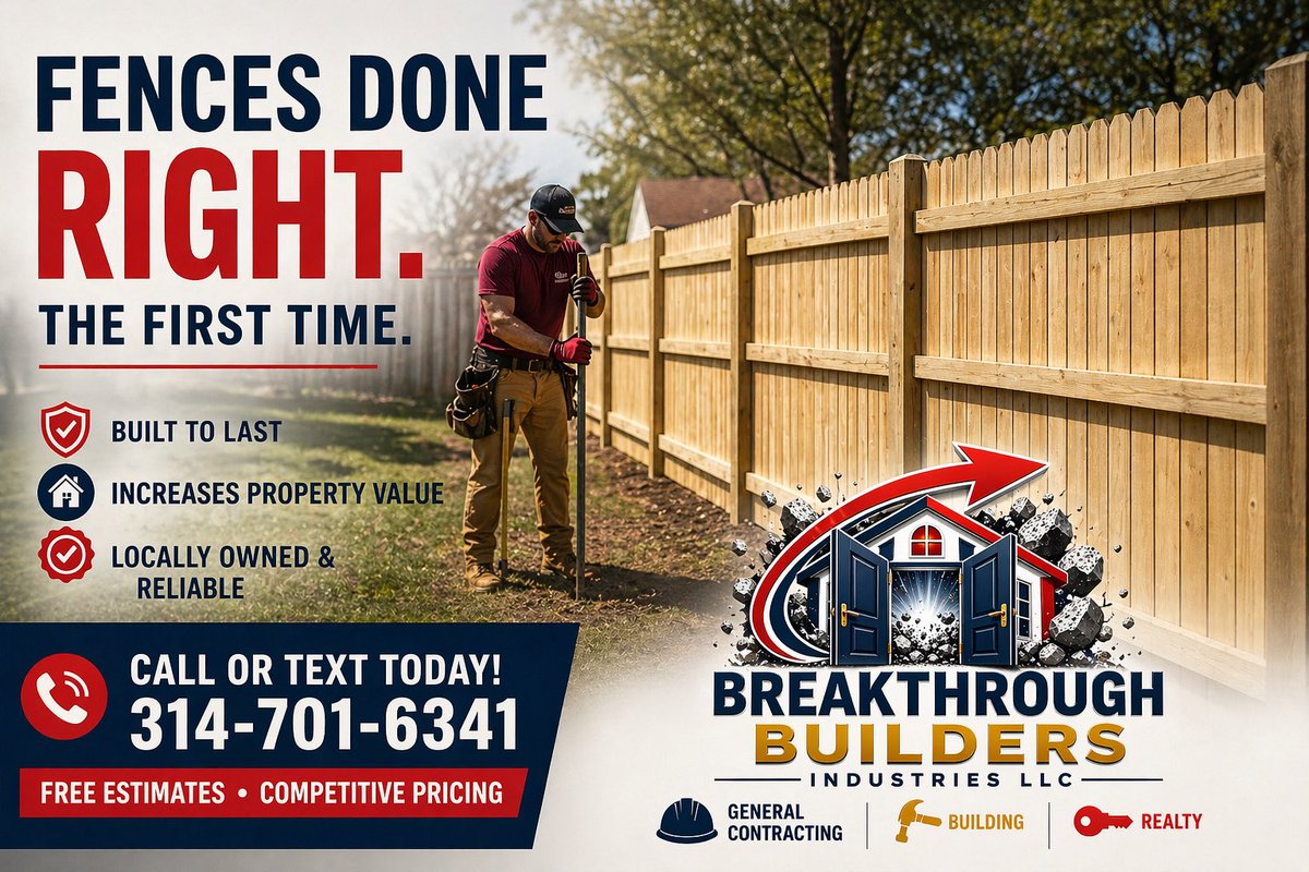 joseph_stratton's tweet photo. Fences done right. Built to last.

Real work. Real results. No shortcuts.

Homes are what we sell. Lives are what we build. Breakthrough is how we serve.

Call or text 314-701-6341
#StLouis #Missouri #BreakthroughBuilders https://t.co/oxNmRSV6fK