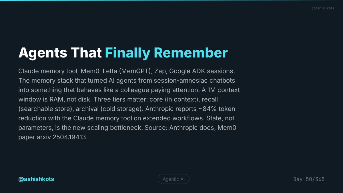 ashishkots's tweet photo. Before 2026: close the tab, the agent forgets everything.

After 2026: agents remember like a colleague who has been paying attention.

The memory stack that made the switch possible.

#AgentMemory #LongTermMemory #Mem0 #Letta #MemGPT #AIAgents #OpenAI #Anthropic #LLMOps #AIEngineering #GenAI #AgentEvals #PromptEngineering #AIInfra #MLOps #VectorDB #RAG