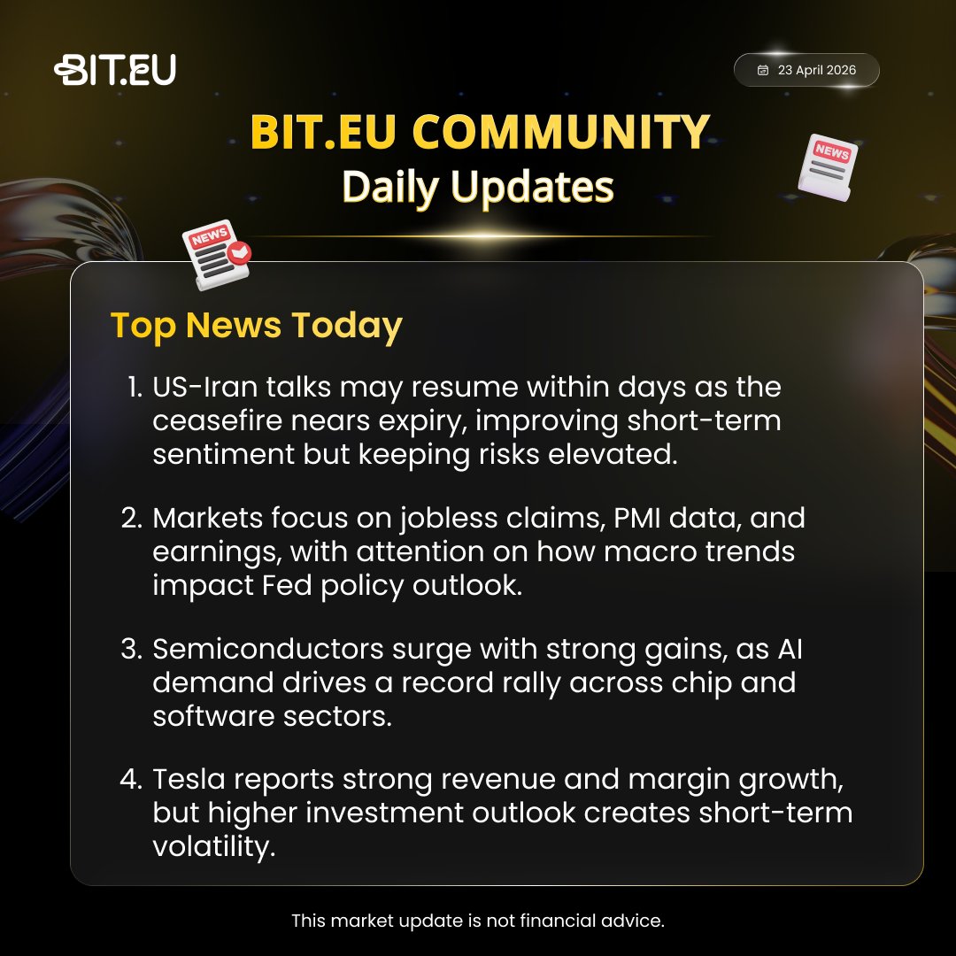 BitEuOfficial's tweet photo. https://t.co/f3BcYSDzy3 Daily Market Update (Top News) | 23 April 2026                                      

#crypto #cryptomarket #cryptocommunity #topnews #biteu #straightofhormuz #usmarkets #usiran #inflation #aipower #aluminium #IranWar‌ #trump https://t.co/bQsh5mSiJW