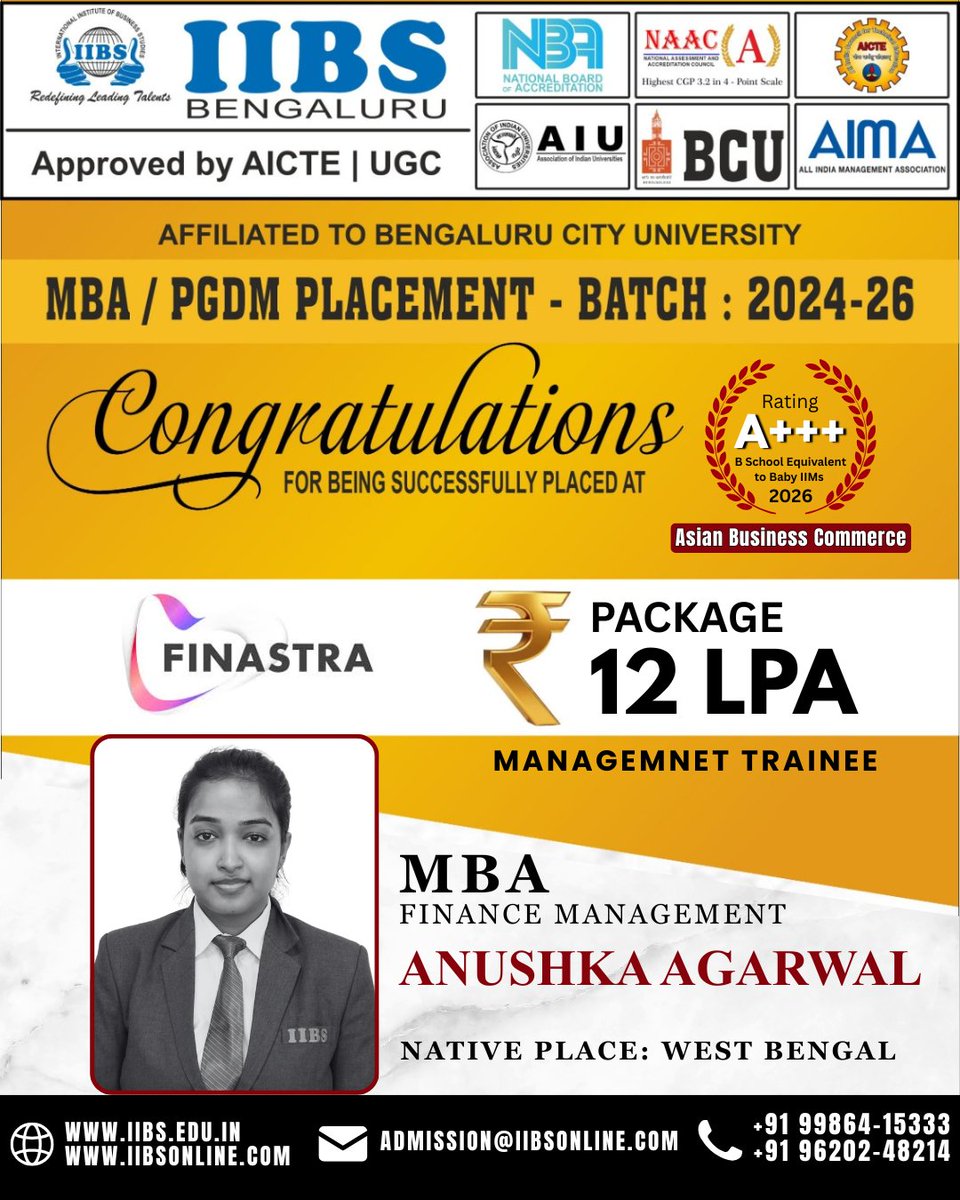 iibsonline's tweet image. Heartiest Congratulations! 🎉

MBA/PGDM Campus Placement | Batch 2024–26

We are proud to congratulate Anushka Agarwal, PGDM – Finance Management, on securing a prestigious campus placement at #Finastra as a Management Trainee.

#Success #ProudMoment #PGDM #FinanceManagement