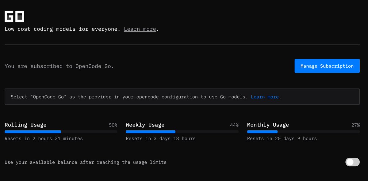 OpenCode Go subscription dashboard showing Rolling Usage 50 percent, Weekly Usage 44 percent, Monthly Usage 27 percent with usage meters
