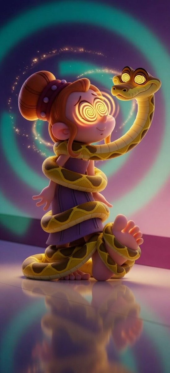 Petula from The Smurfs cartoon crossover with Kaa the snake from The Jungle Book hypnosis wrapped up in his coils she's barefooted