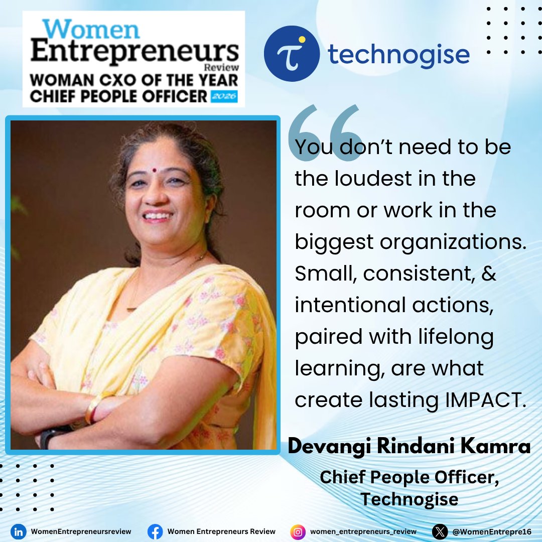 WomenEntrepre16's tweet image. Devangi Rindani Kamra, Chief People Officer, @technogise has been selected by #WomenEntrepreneursReview as one of the 'Woman CXO Of The Year Chief People Officer - 2026'.

Read More: lnkd.in/gwcbViw4

#organizationalgrowth #engagementstrategies #datadrivenfunction