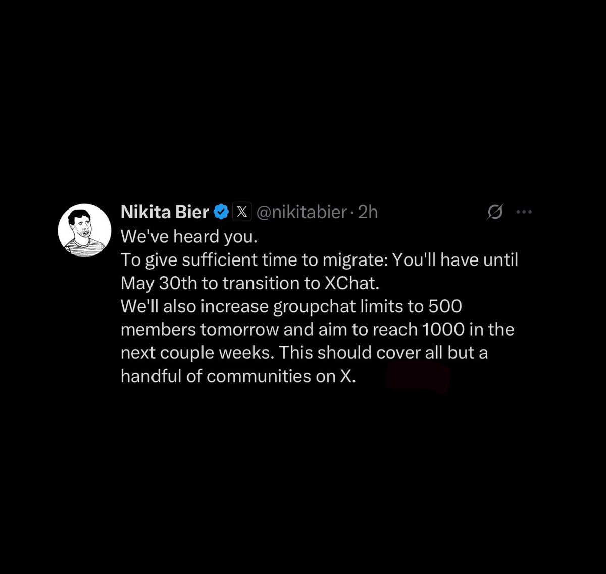 TrainUpdates's tweet photo. X/Twitter just confirmed they will continue their update to remove ALL Communities even after hearing the feedback and backlash 🤔

- Moved removal date to May 30th 
- Will allow up to 500 people per XChat
- Claims it will cover most X coms (not true) https://t.co/klk5faXM0s