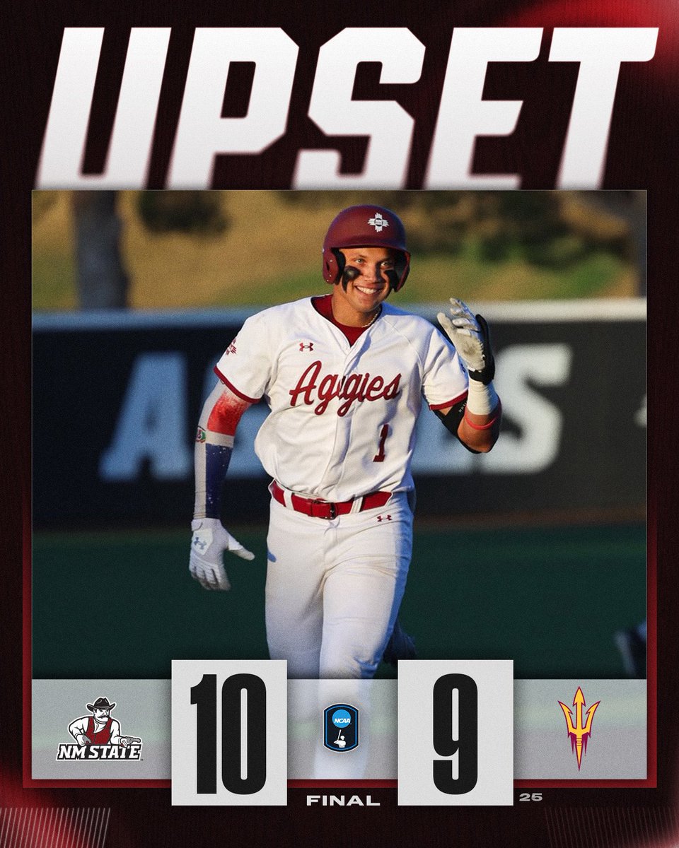 NCAABaseball's tweet image. LATE NIGHT UPSET 🔥

@NMStateBaseball takes down No. 25 Arizona State in extras!

#NCAABaseball