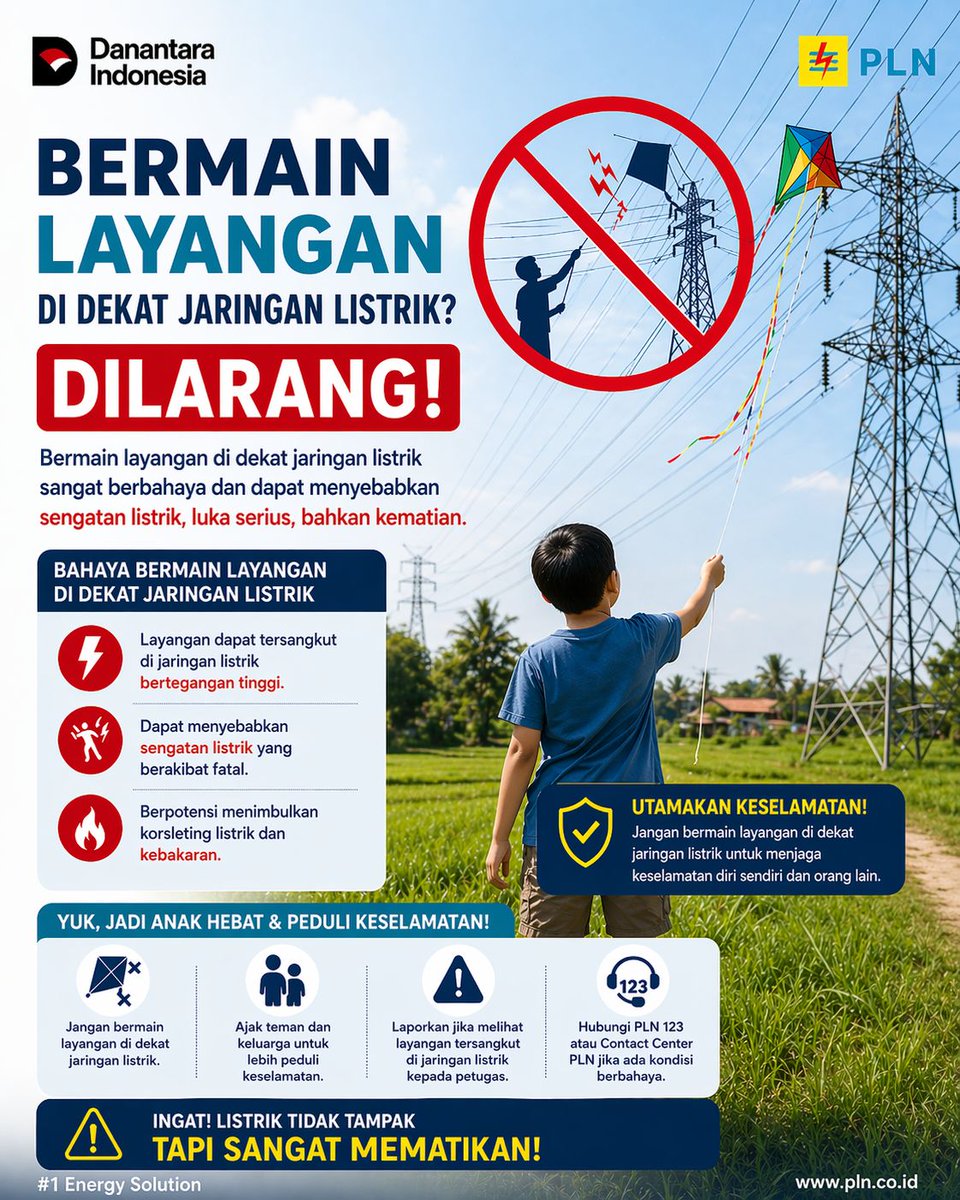 plnmakassar_utr's tweet image. Jangan Bermain Layangan di Dekat Jaringan Listrik! ⚡

Bermain layangan memang seru, tapi jangan sampai membahayakan diri sendiri dan orang lain.

✅ Pilih area yang aman dan jauh dari jaringan listrik.  Mari lebih peduli terhadap keselamatan 

#PLNUntukSemua #SafetyFirst